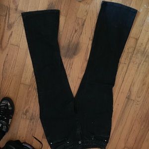 Bell bottom, dark blue jeans, size six stretch